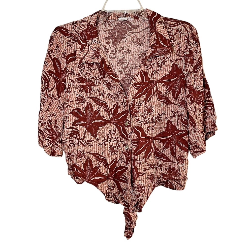 Nicole Miller New York Rust Floral Tie Front Button Up Blouse Womens Small Rayon